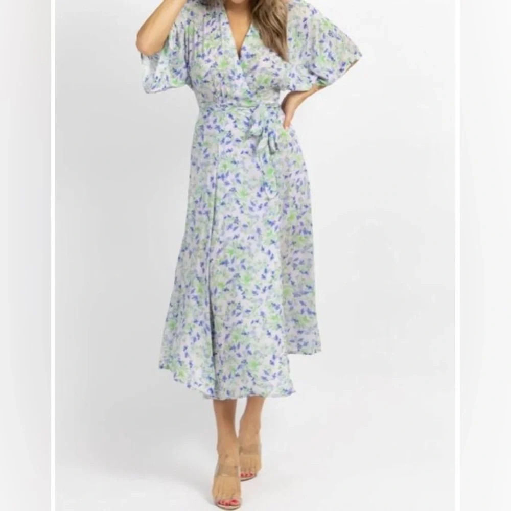 Olivaceous Alexis Purple Blue Floral Wrapped Midi Dress NWT